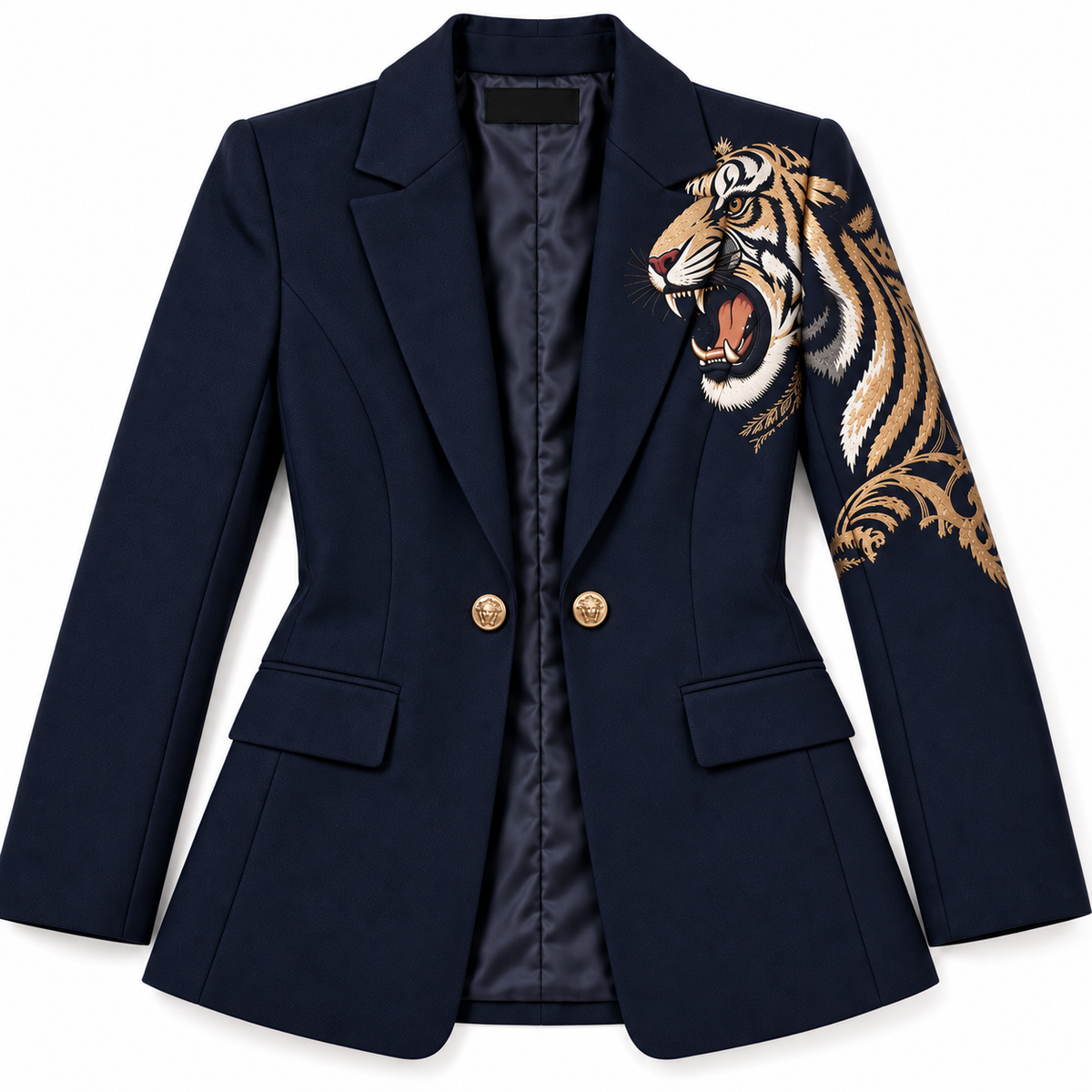 GUALA Women’s Bespoke Navy Blue Suit with Left-Shoulder Tiger Embroidery