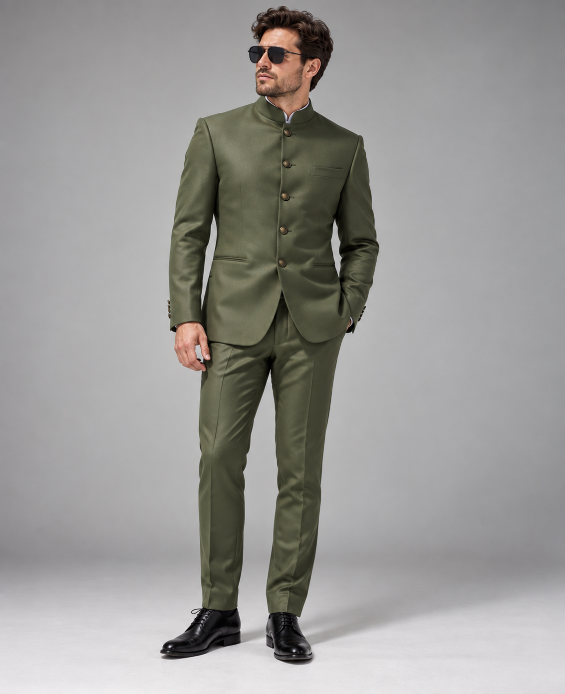 GUALA Olive Green Tailored Jodhpuri Suit