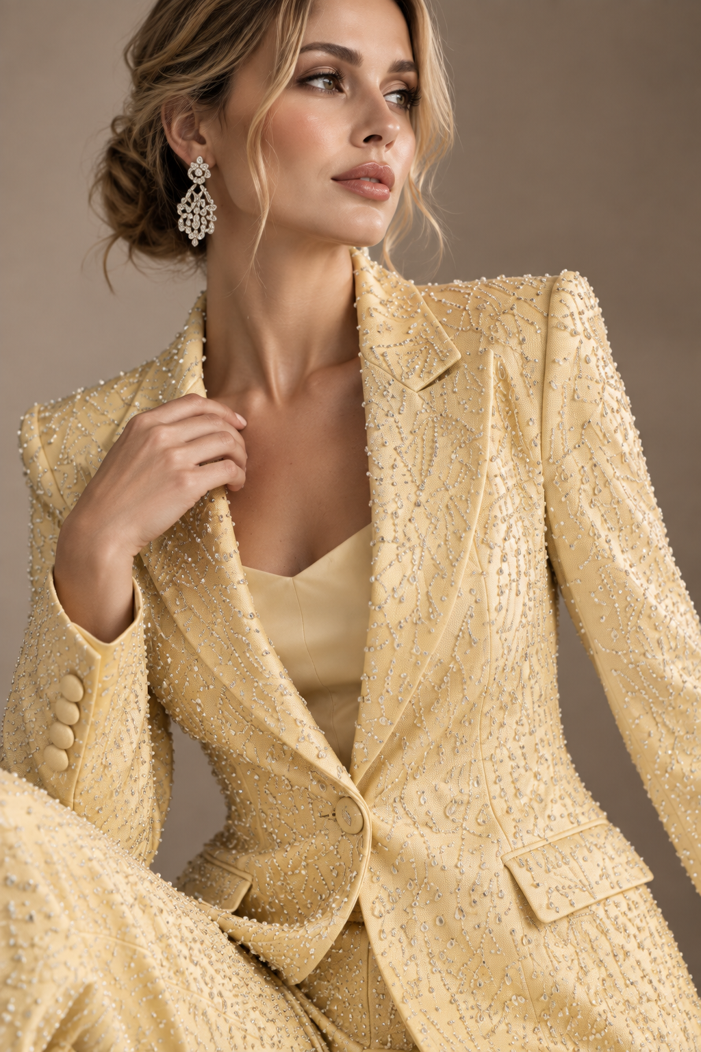 GUALA Women's Diamond Embellished Pastel Yellow 3-Piece Suit