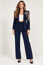 GUALA Women’s Bespoke Navy Blue Suit with Left-Shoulder Tiger Embroidery