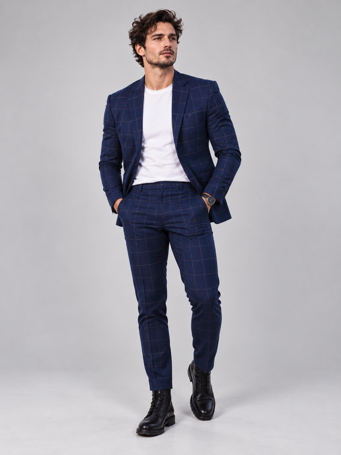 GUALA Men's Navy Blue Windowpane Tailored Blazer